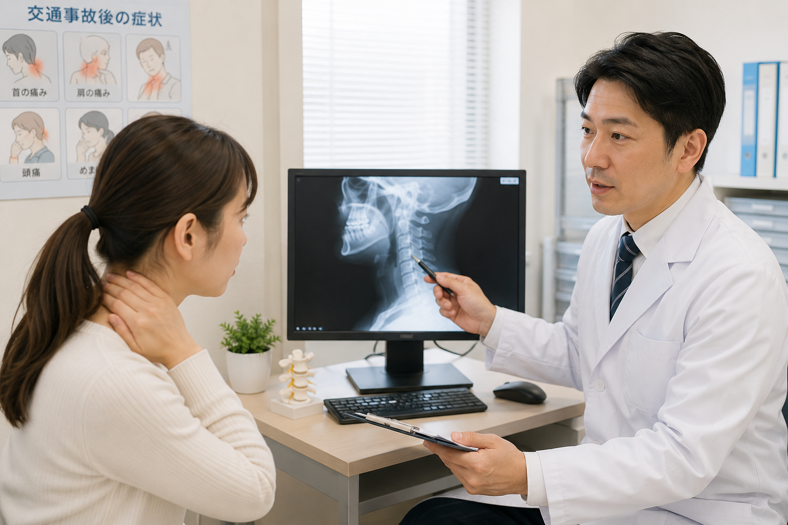 交通事故後に病院でレントゲン画像の説明を受ける女性
